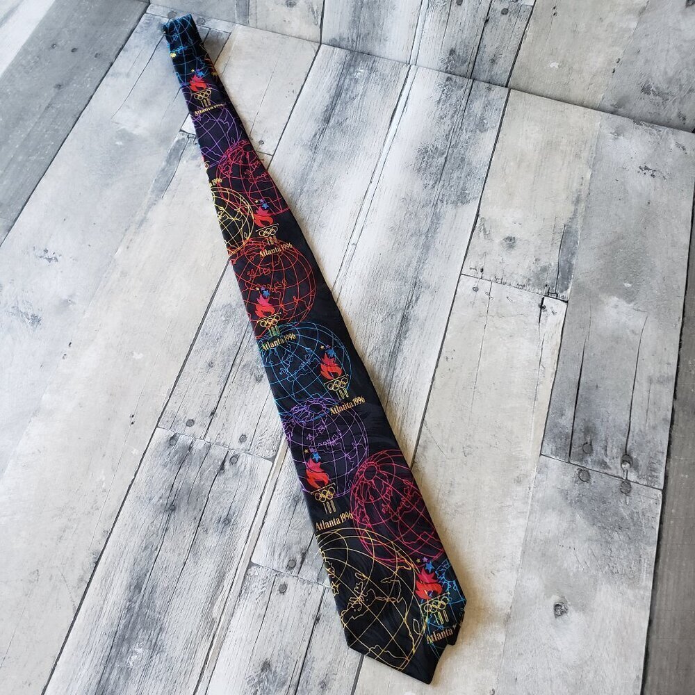 Vintage Atlanta 1996 100th Summer Olympics Colorful Black 100% Silk Necktie Tie